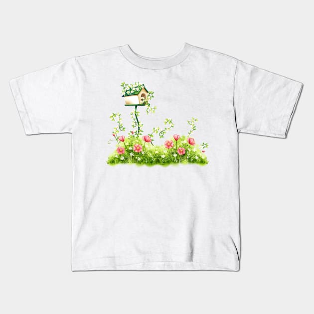 Image: Watercolor, Plants and birdhouse Kids T-Shirt by itemful